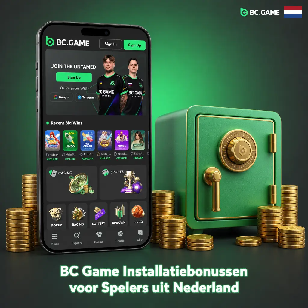 BC Game installatiebonussen voor Nederlandse spelers: welkomstpakket, wager race, reload bonus en VIP rakeback in de mobiele app.