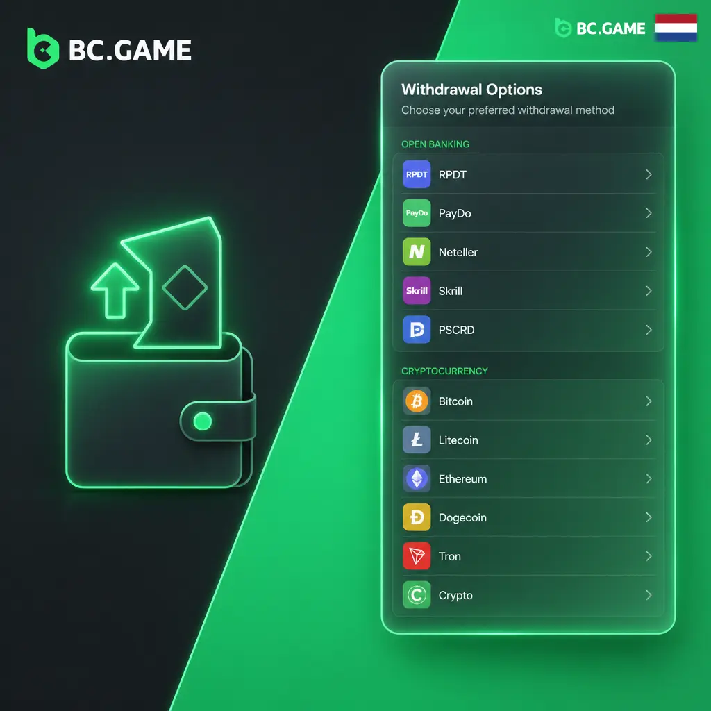 BC Game opnamemethoden voor Nederlandse spelers: Open Banking, Neteller, Skrill, Paysafecard, PayDo en cryptocurrencies zoals Bitcoin.