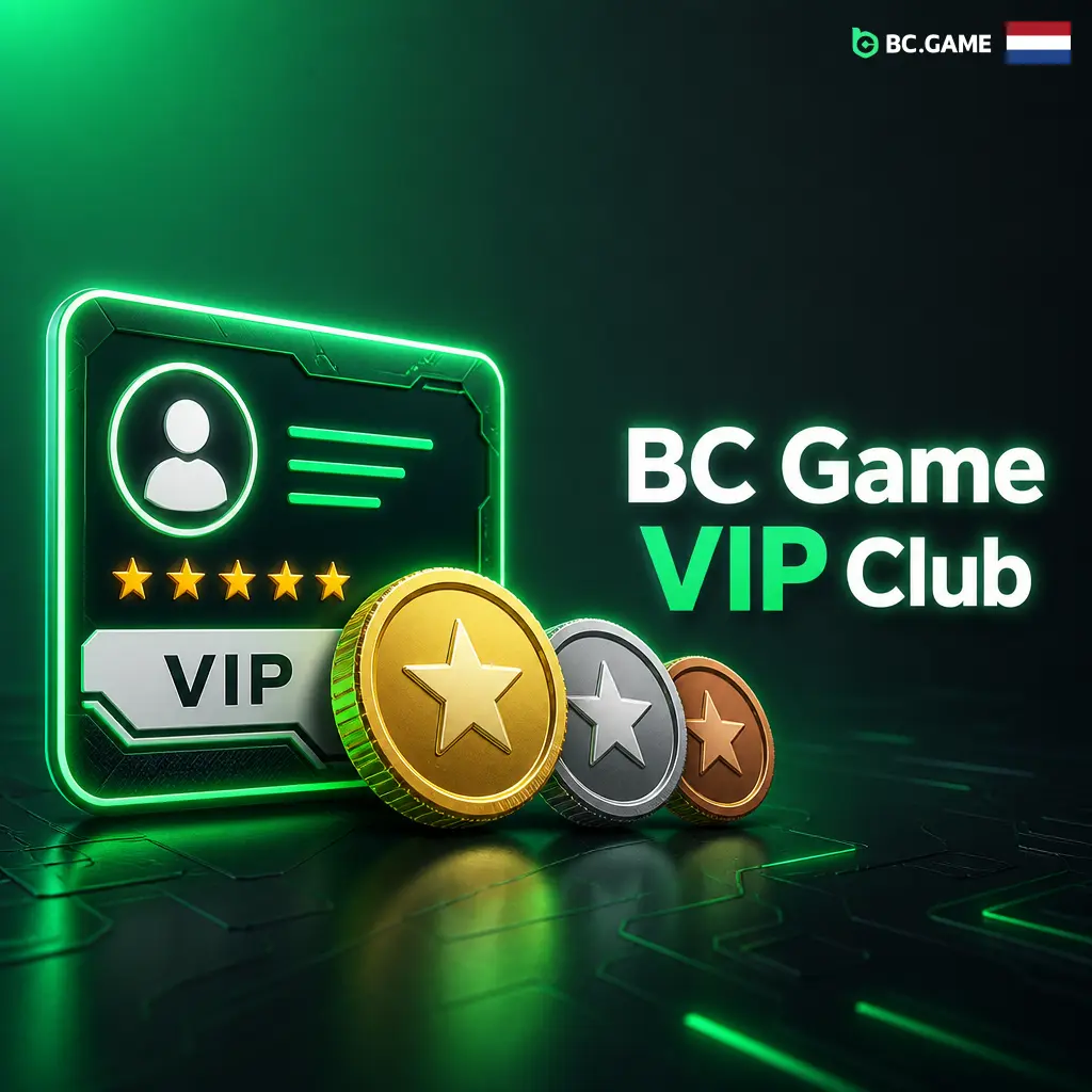 BC Game VIP Club logo met exclusieve voordelen, cashback en persoonlijke begeleiding voor actieve spelers in Nederland
