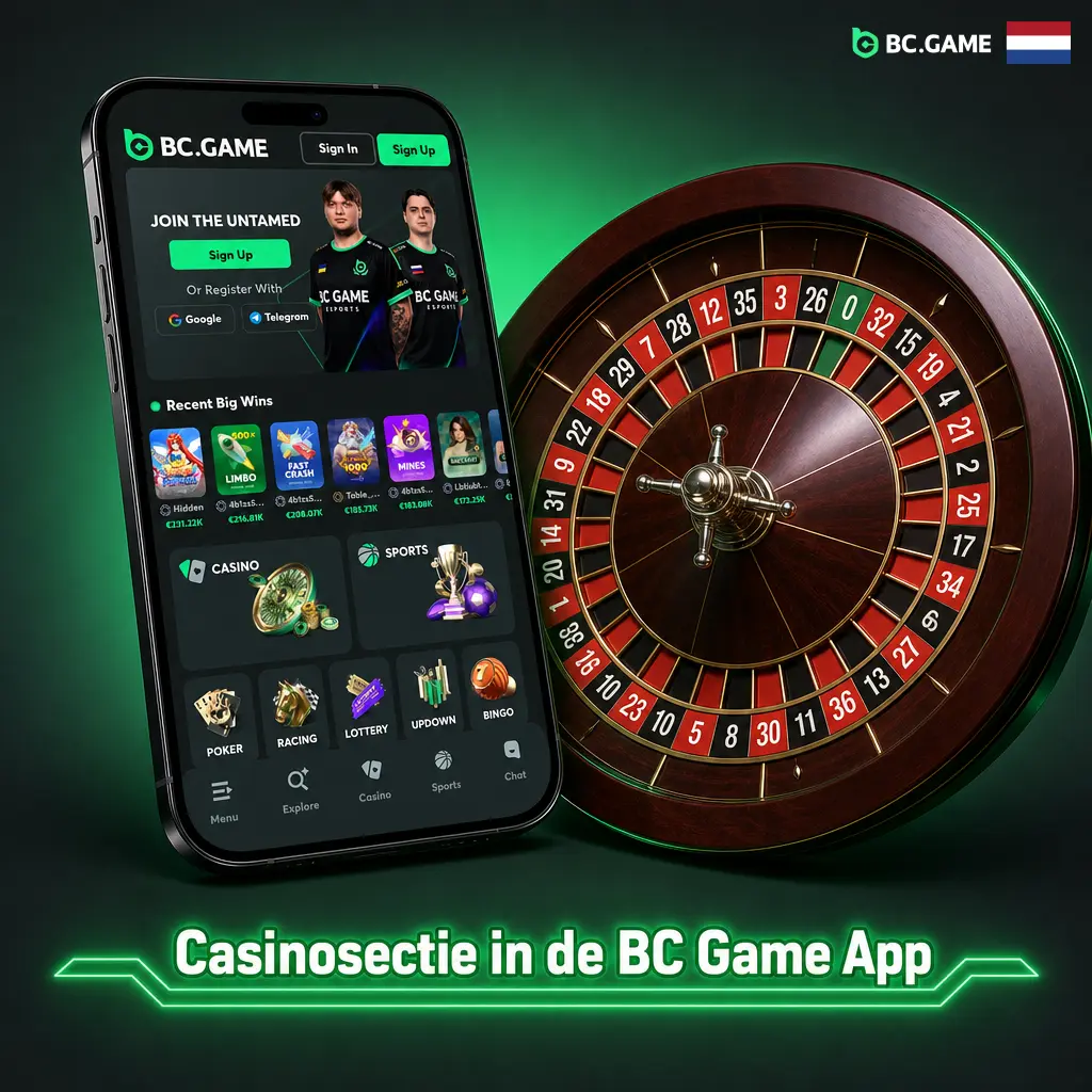 Overzicht van de casinosectie in de BC Game app met slots, live casino, tafelspellen en jackpot games