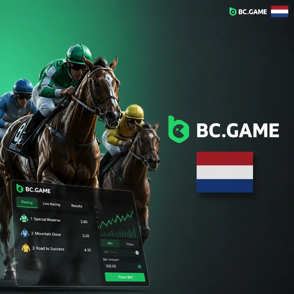 Overzicht van paardenrennen weddenschapmarkten bij BC Game, zoals Winner, Plaats, Each-Way, Forecast en Tricast.